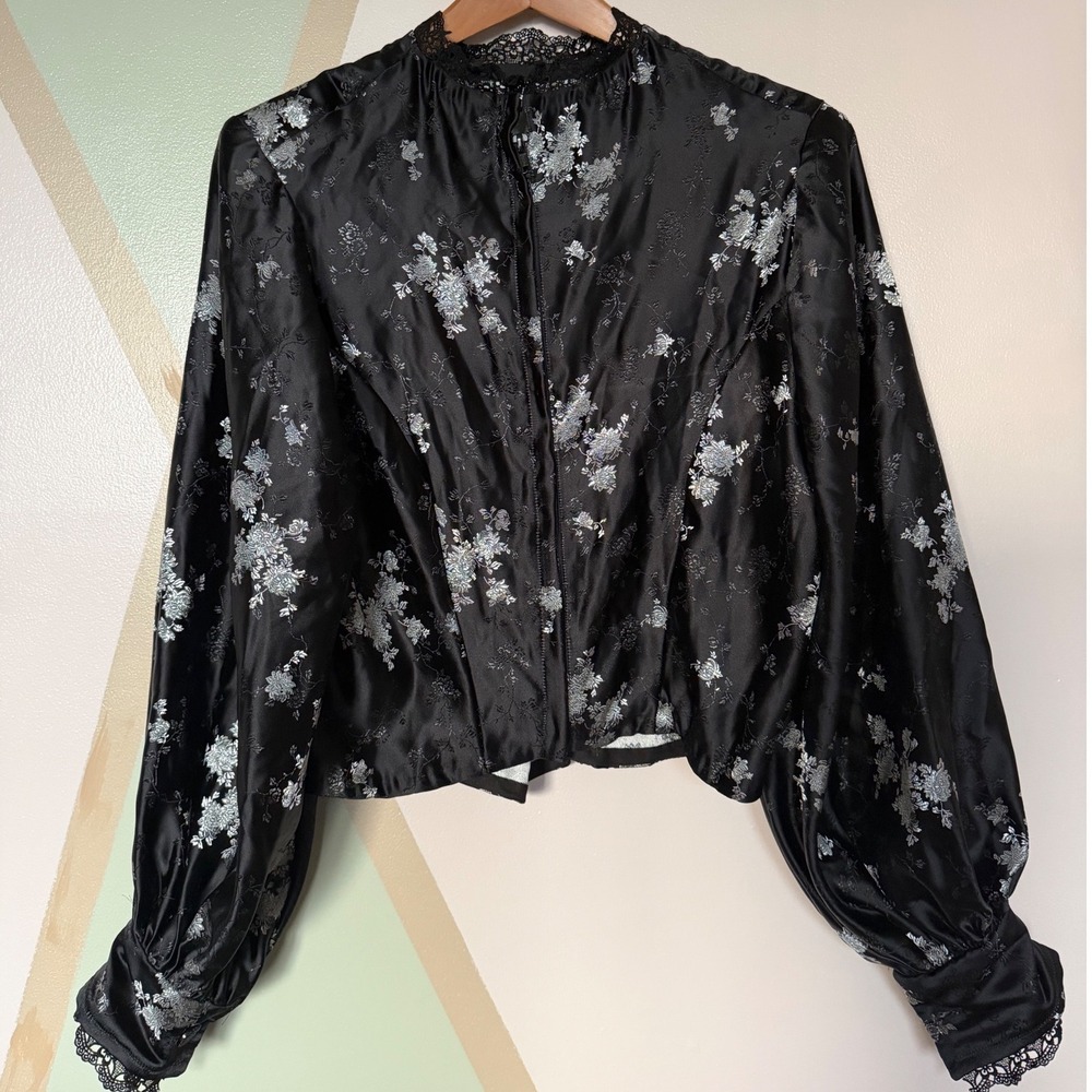 Vintage Handmade Corset Style Blouse Black Silver Floral Brocade Lace Trim L